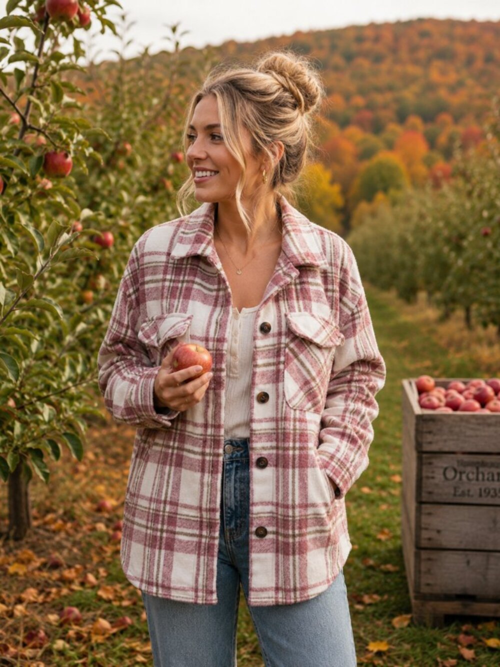 LOVETREE pink cream white button-up plaid oversized shacket jacket, sz S
